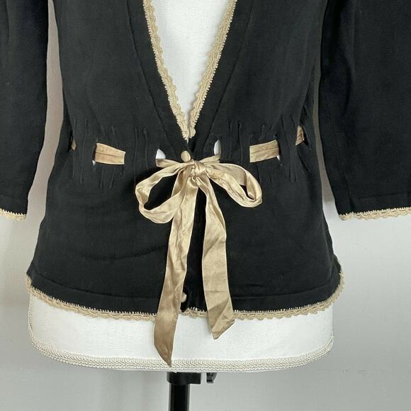 White House Black Market Black Taupe Trim Ribbon Tie Waist Cardigan Size S - Picture 4 of 9
